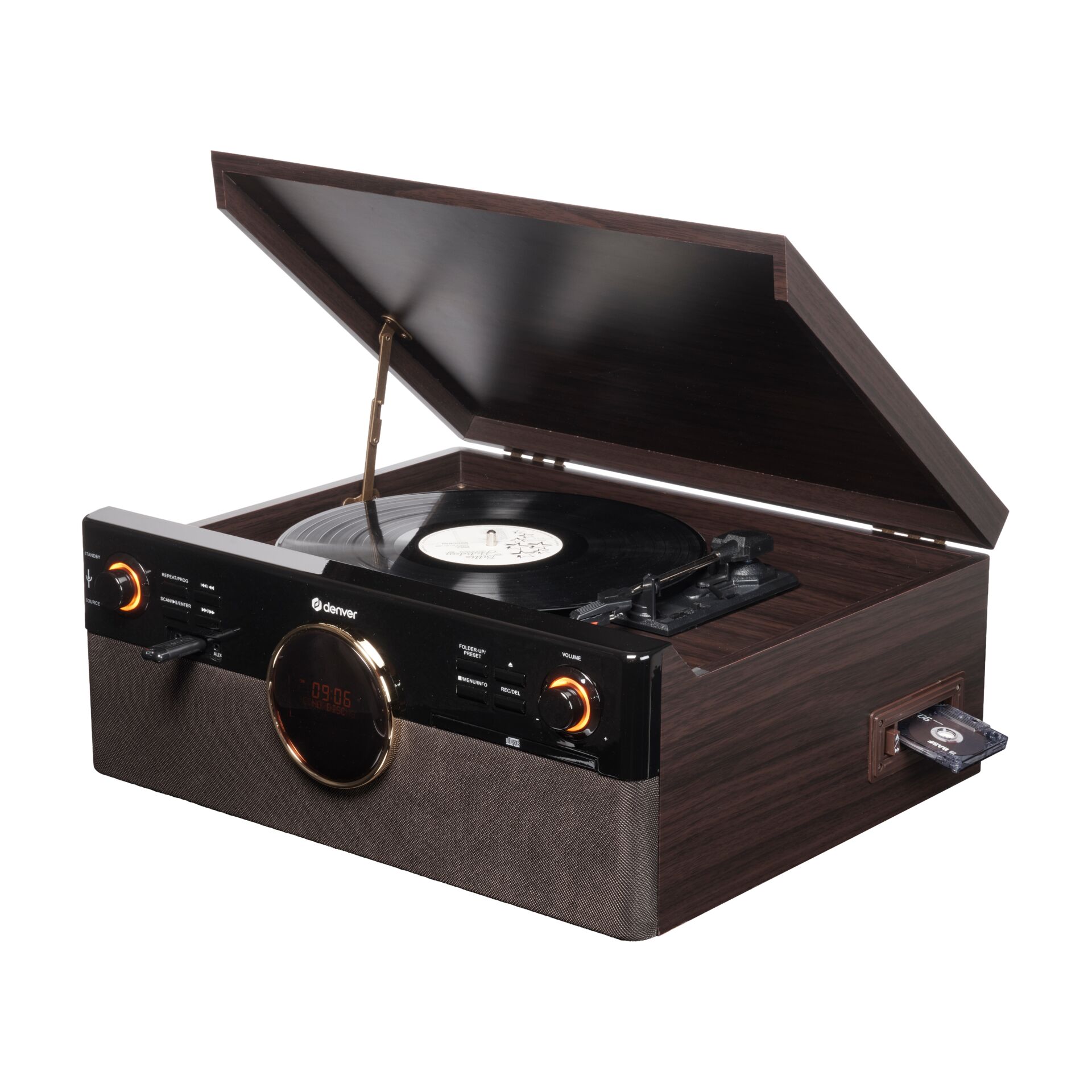 Plattenspieler, Vinyl, Braunholz, Detailansicht, Schallplatte