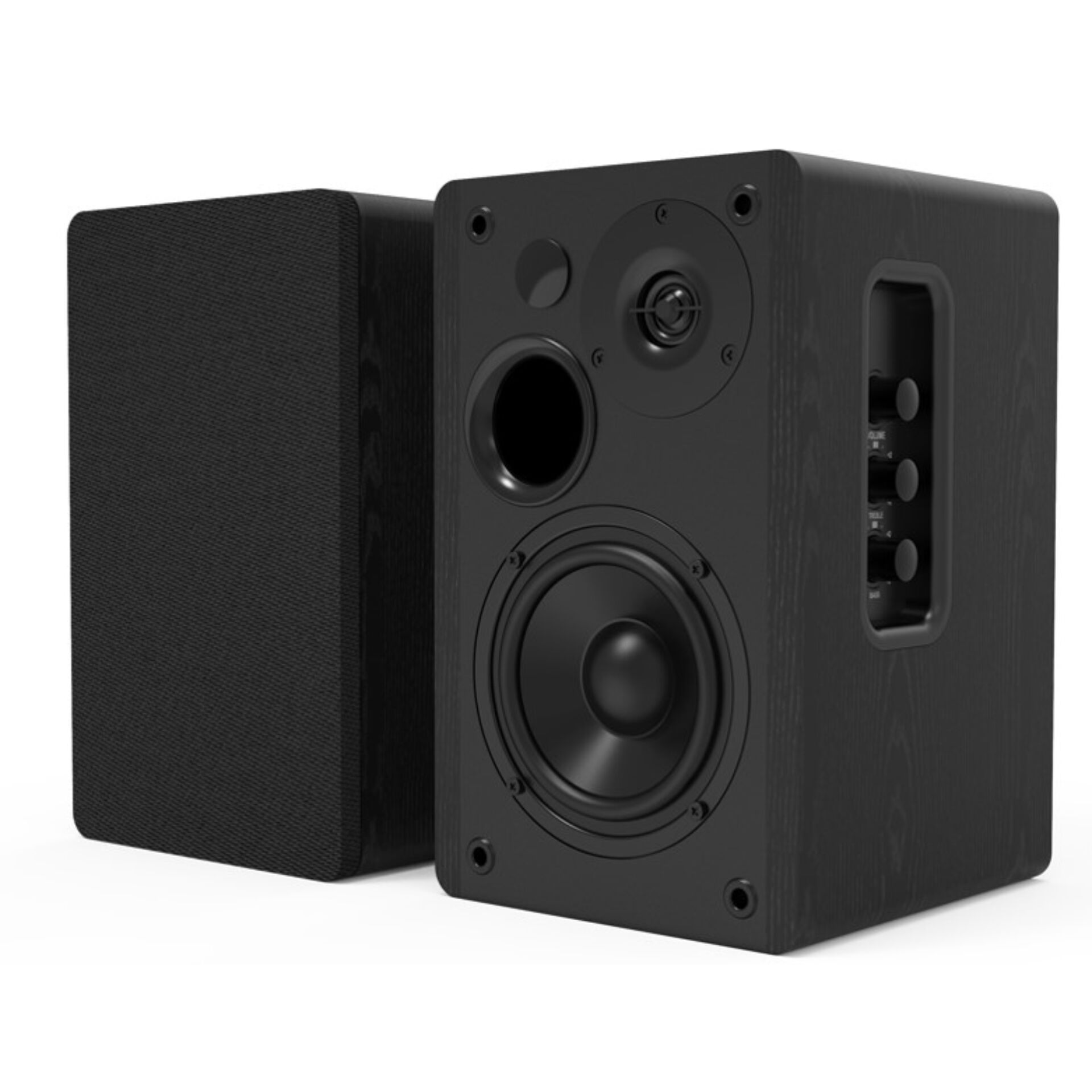 Lautsprecher, 2-Wege, Holzoptik, Schwarz, Kompaktdesign, Box-Lautsprecher, Schreibtischlautsprecher, schwarz, Zweiklang, passiver Strahler