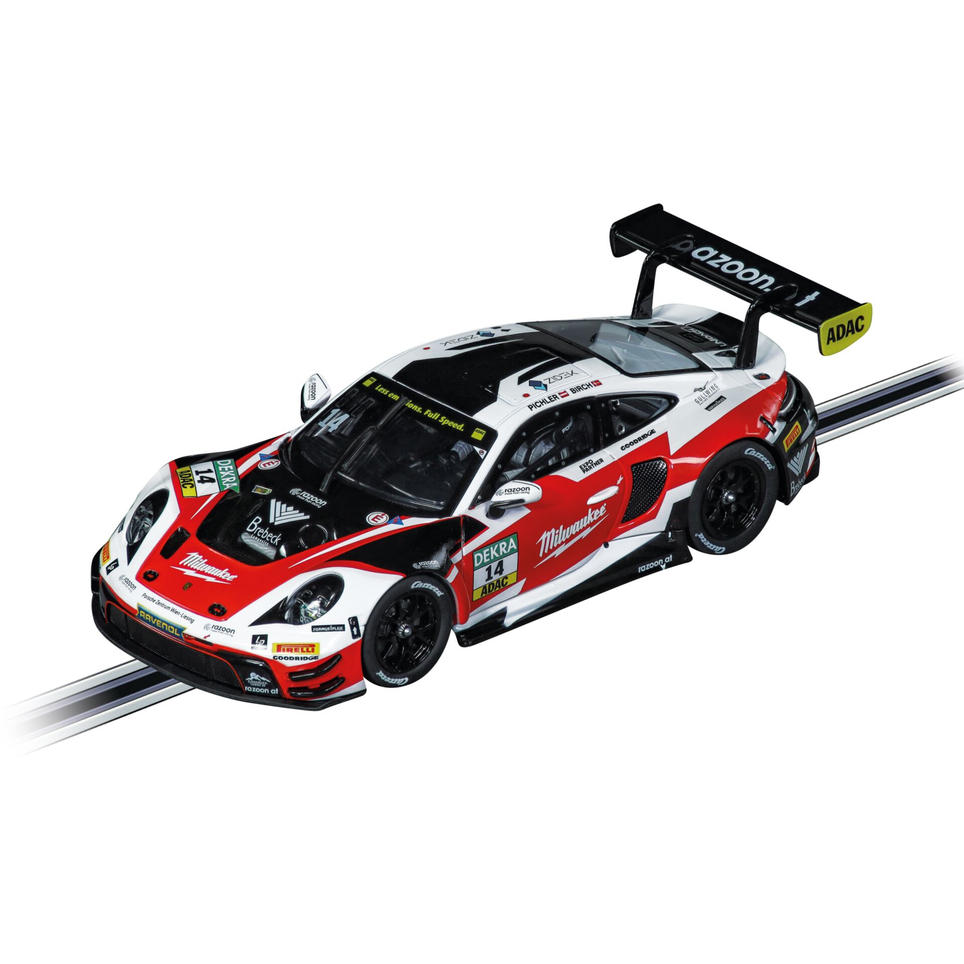 Carrera-Autorennbahn, Slotcar, Sportwagen, Rot-Weiß-Schwarz, Heckflügel