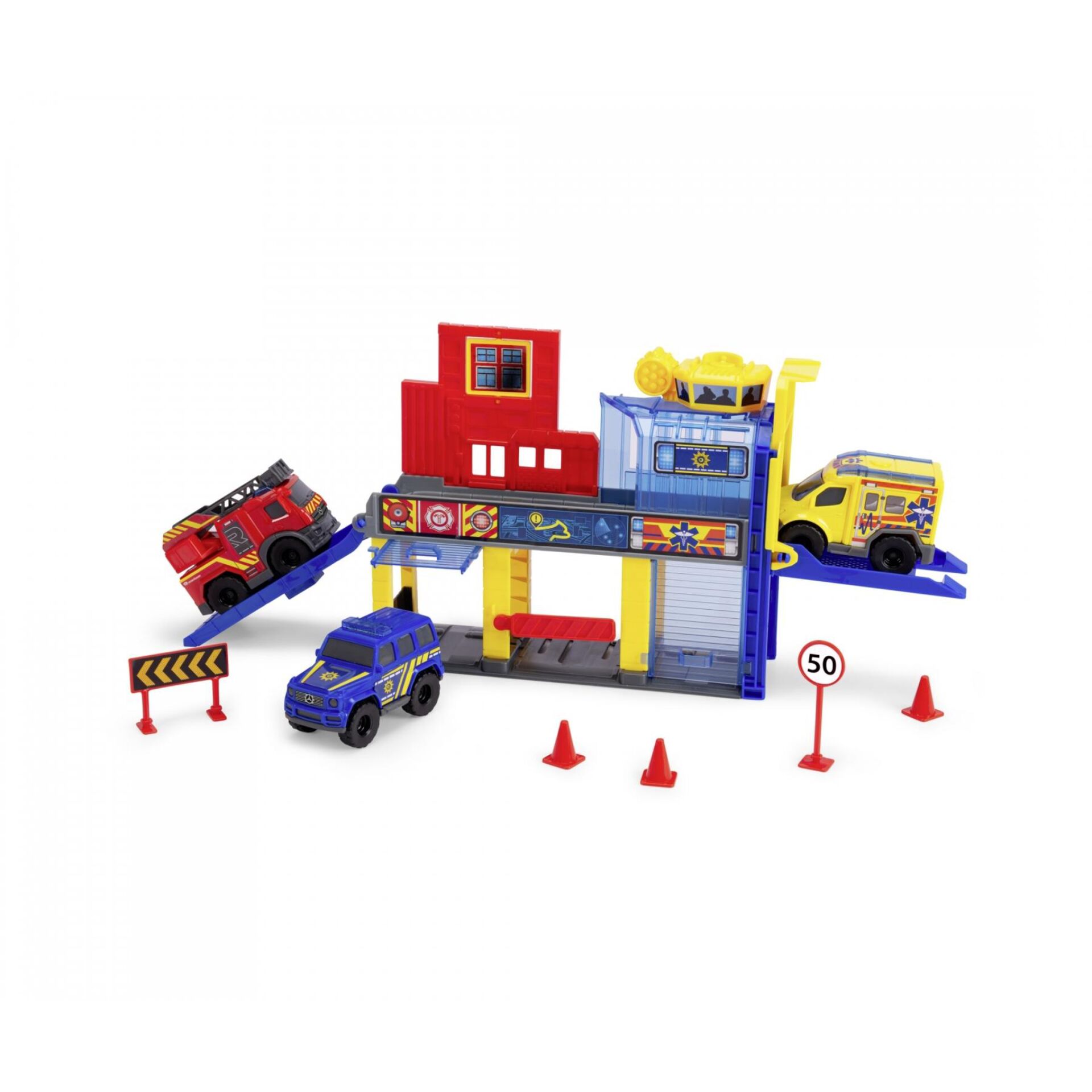 Spielzeugbaustelle, Polizei Feuerwehr Spielset, Kunststoff Baukasten, Auto Spielzeug, Verkehrshütchen