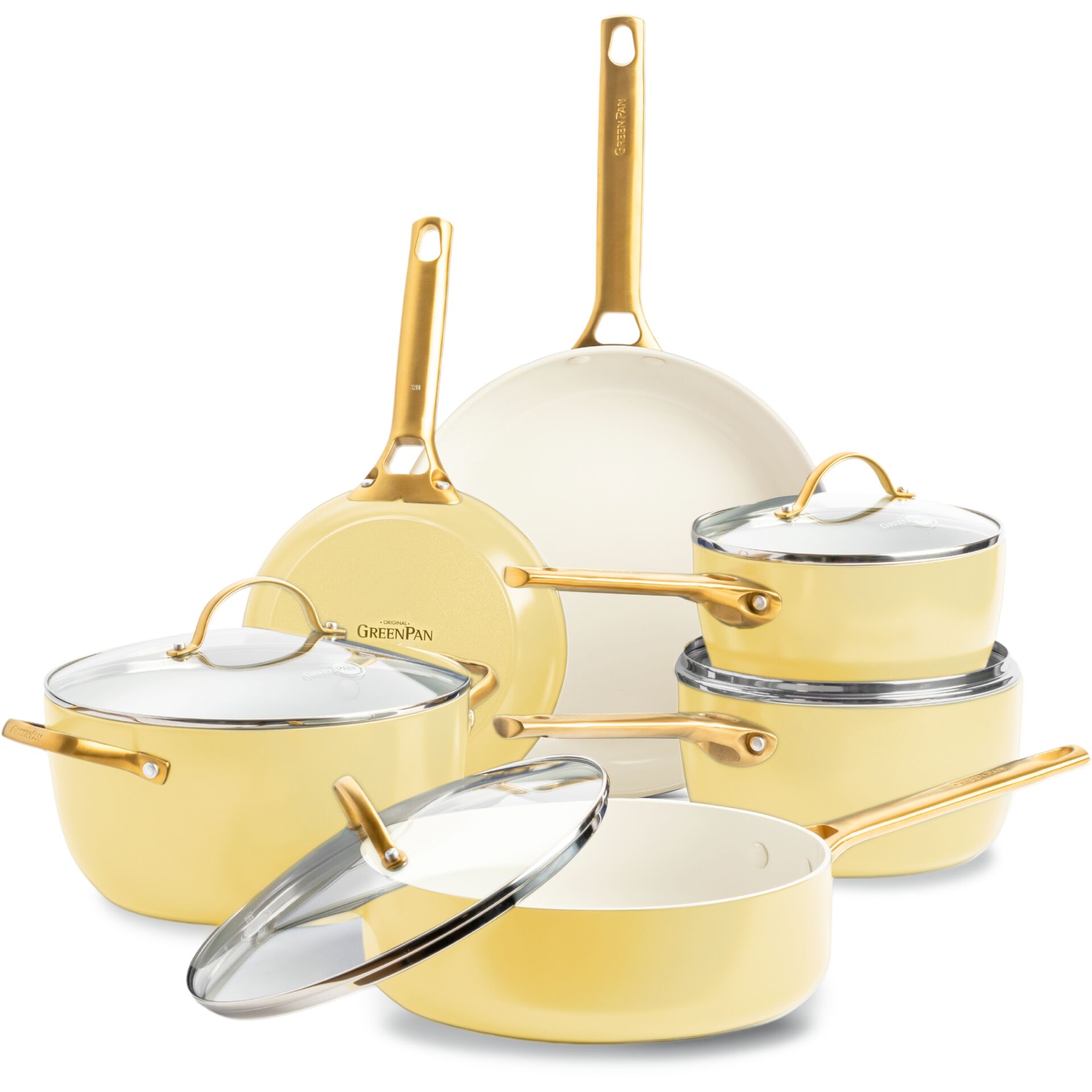 Kochtopfset, Beschichtetes Metall, Goldfarben, Glasdeckel, Pfannenset