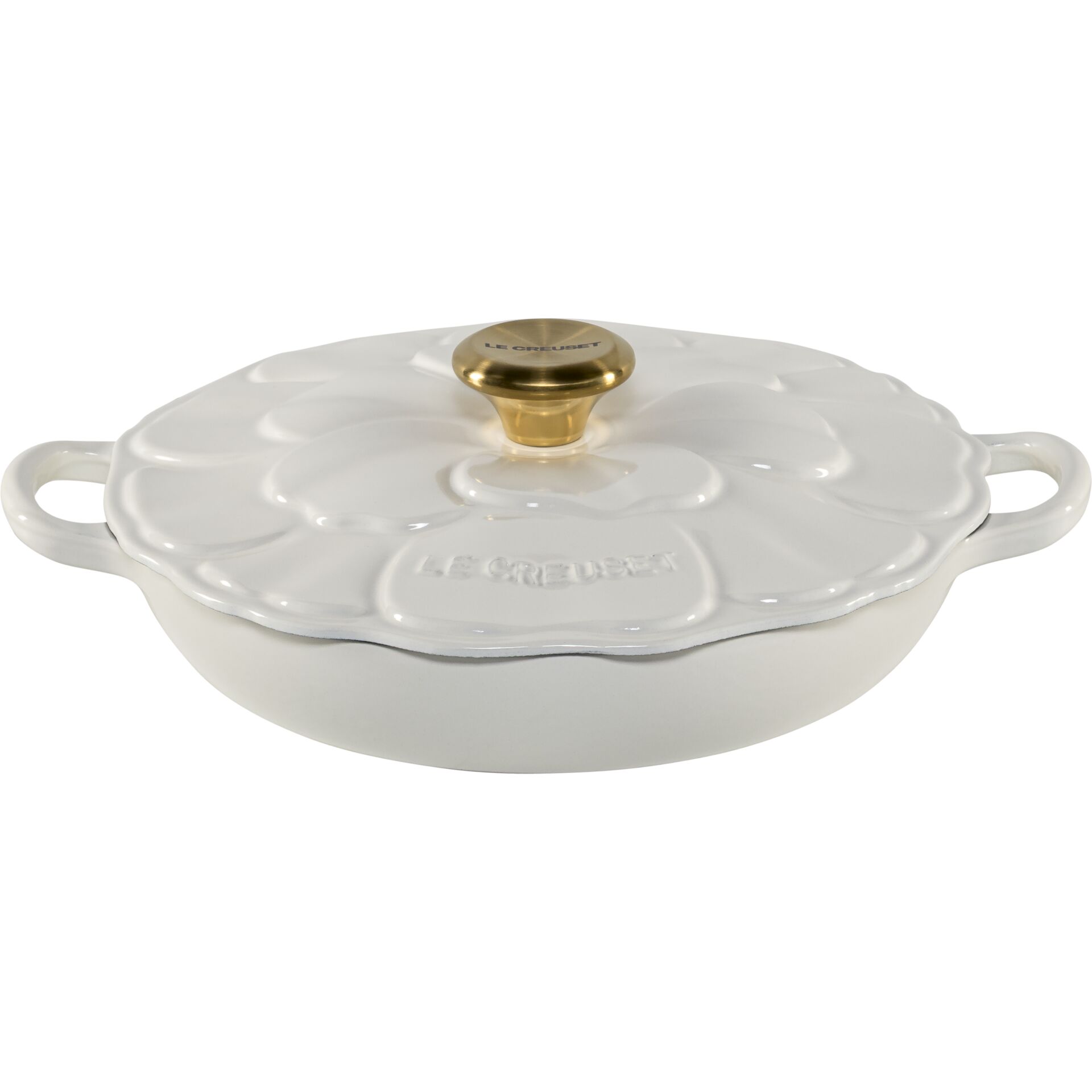 Gusseisen Schmortopf, Kasserolle, Deckelknopf Gold, weiße Keramik, Lé Creuset