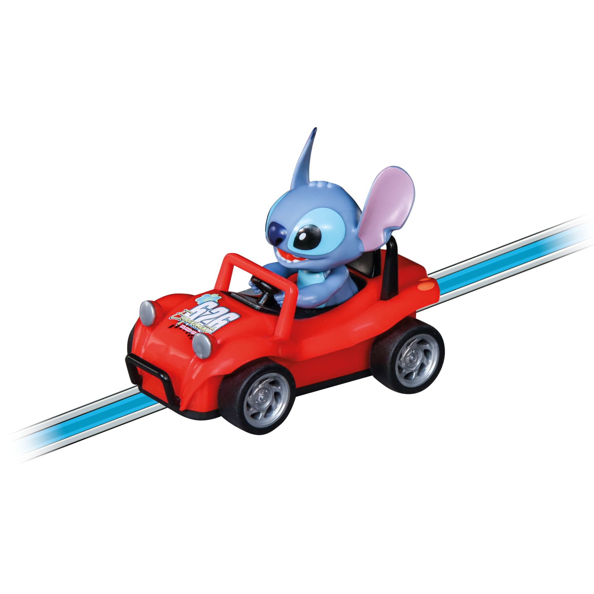 Spielzeugauto, rotes Rennfahrzeug, Stitch-Figur, Schienenfahrzeug, Kunststoff