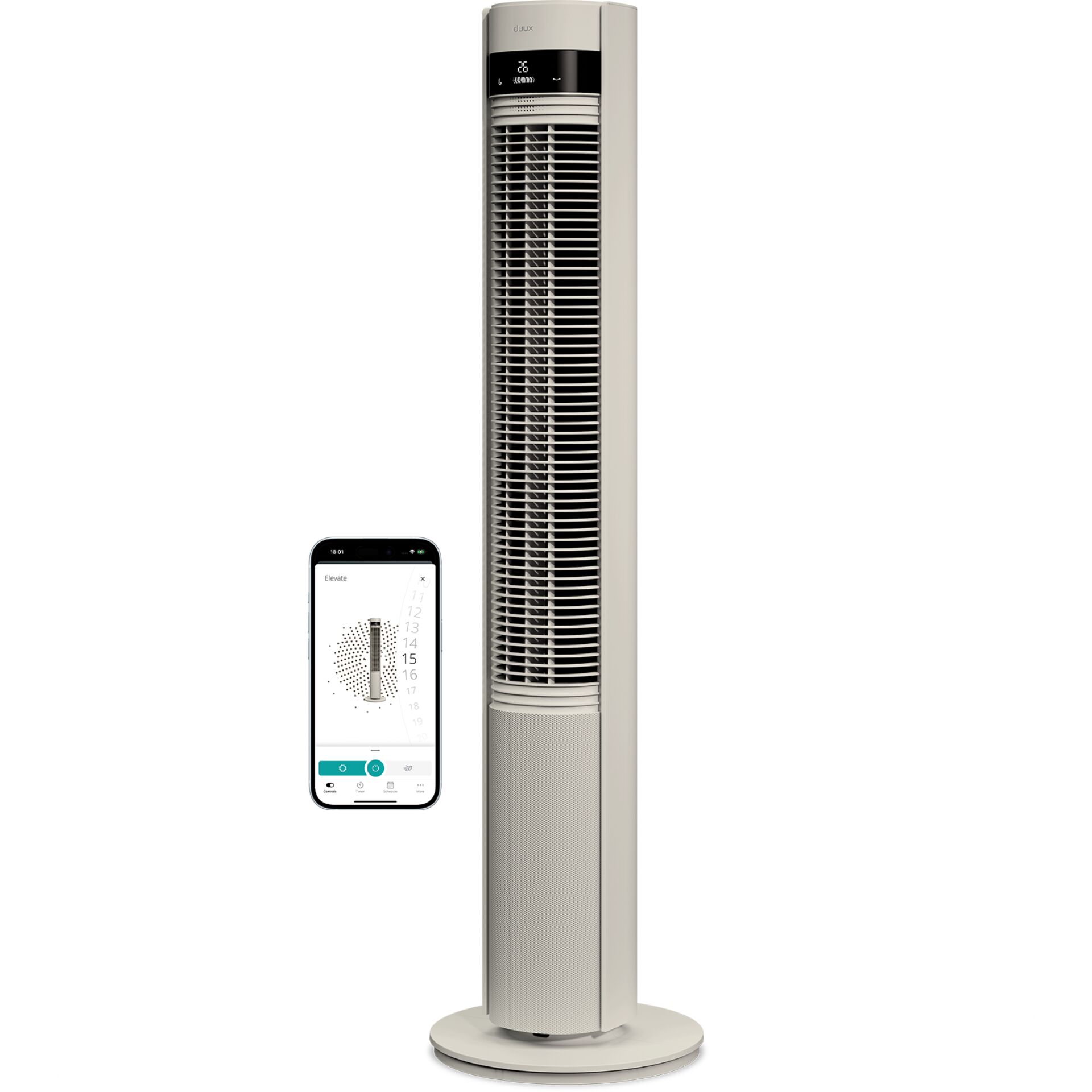 Standventilator, Toscillation, Fernbedienung App, Hoher Turm, Beige