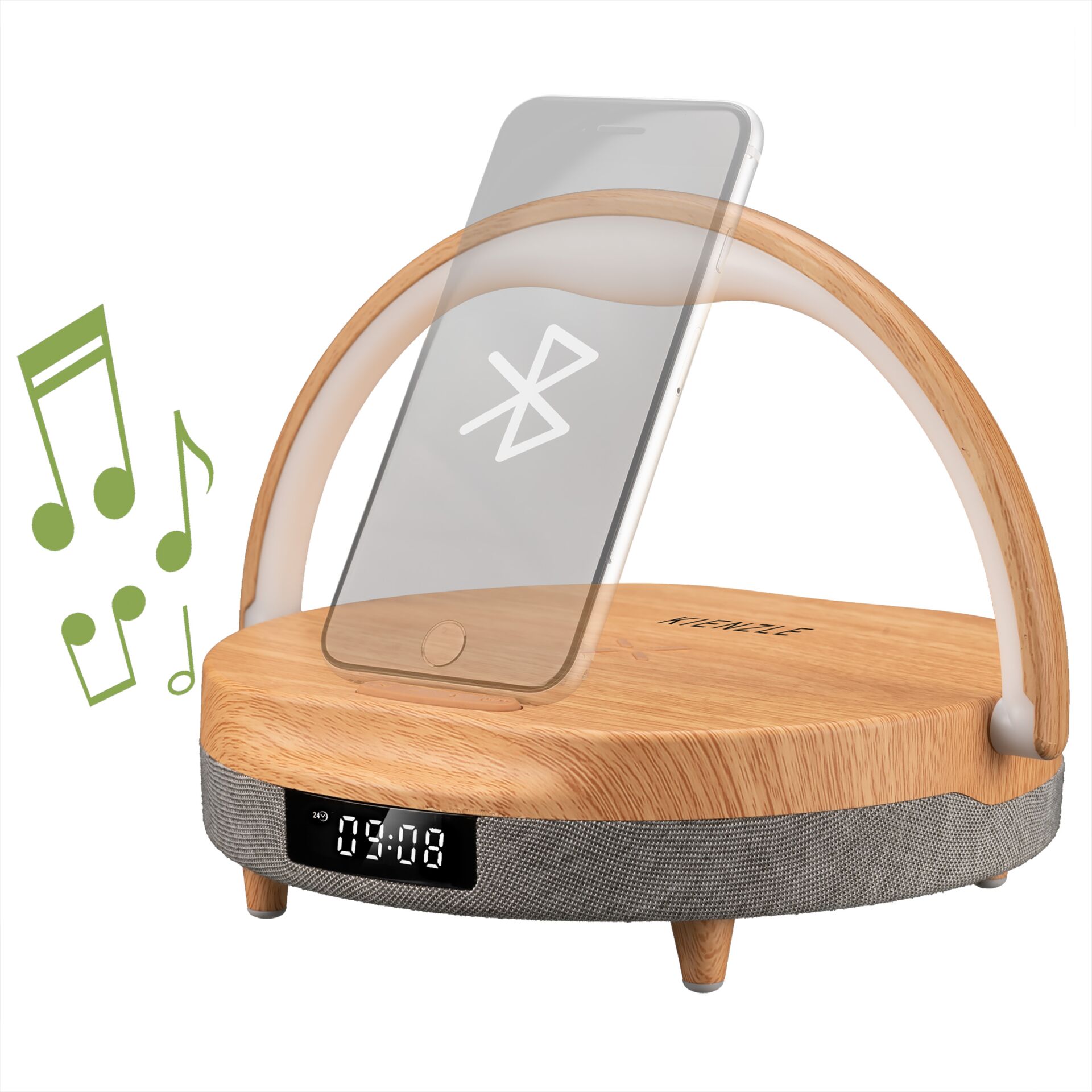 Bluetooth-Lautsprecher, Uhrenanzeige, Holzdesign, Smart-Device, Wireless-Charging