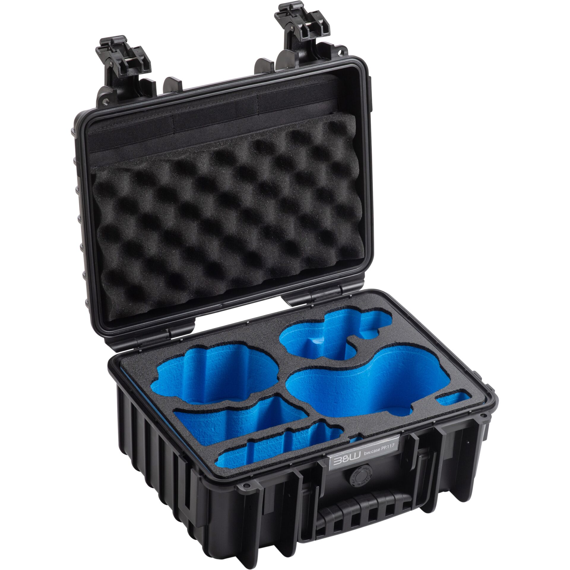 Hartschalenkoffer, Schaumstoffeinlage, blaue Aussparungen, Schutzhülle, Aufbewahrungskoffer