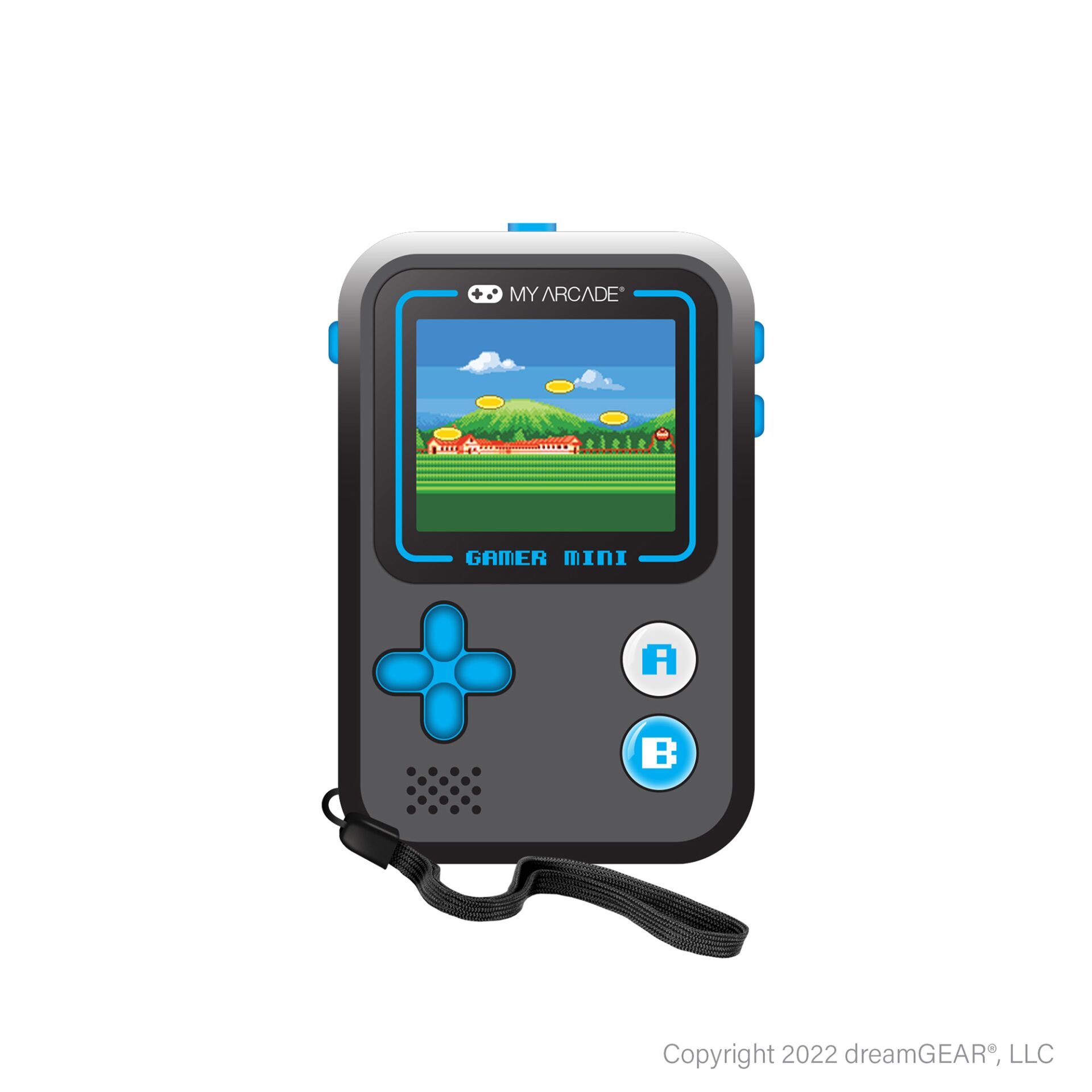Handheld gaming, Mini-Konsole, Gameboy-Stil, Blaue Knöpfe, Trageband enthalten