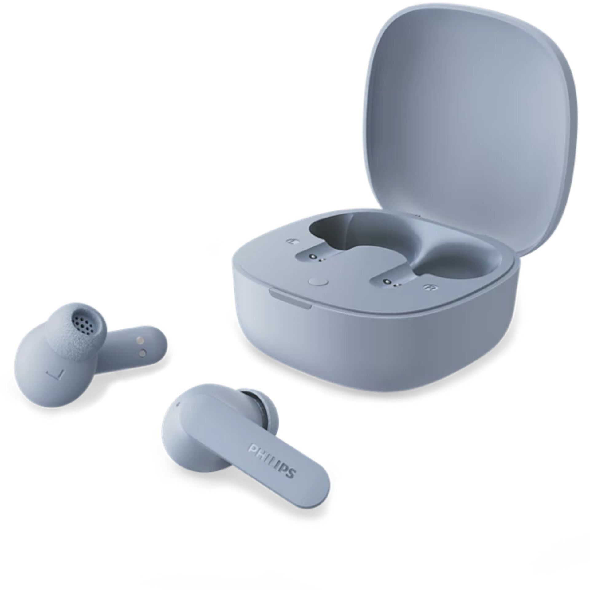 true wireless, Ohrhörer, Bluetooth, Ladehülle, blau-grau