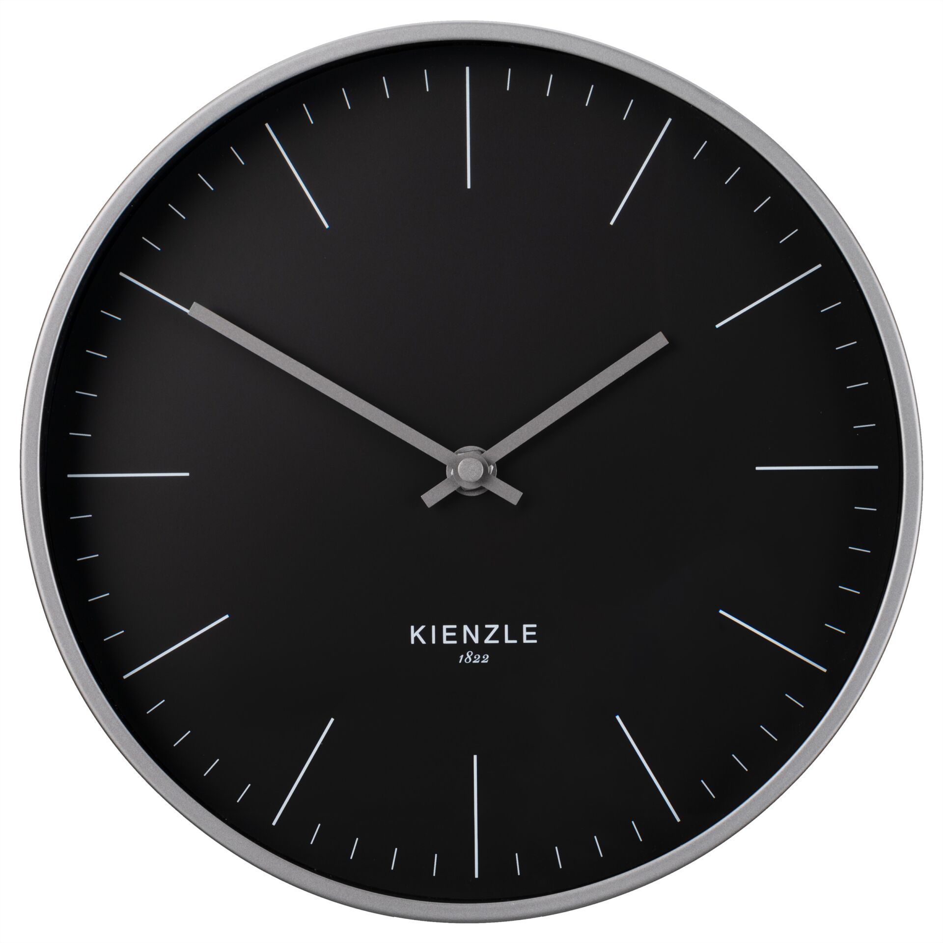 Wanduhr, Wanduhr, schwarzes Zifferblatt, Metallrahmen, Kienzle Abzeichen