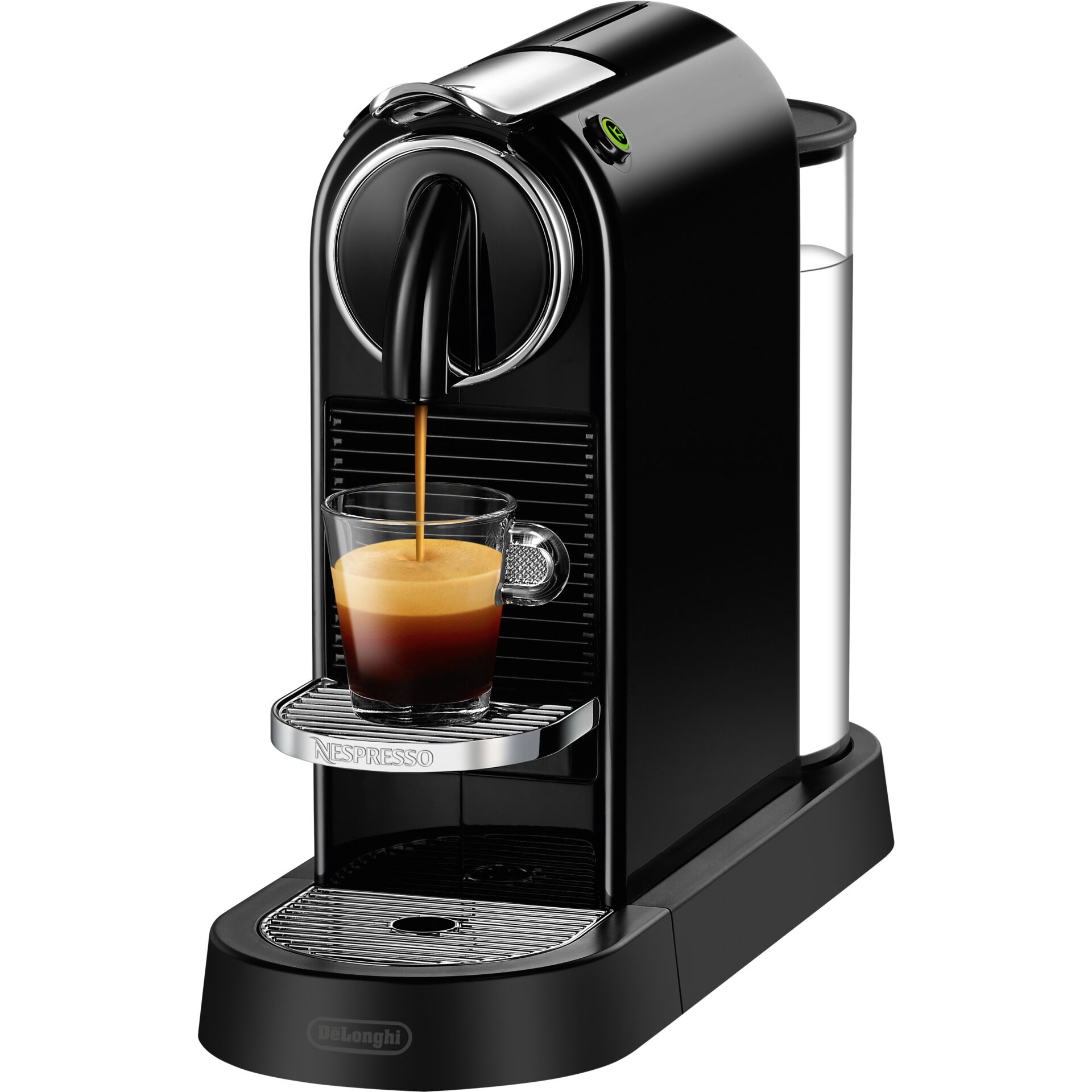 Pokal, Getränk, Kaffee, Kaffeetasse, Espresso, Pokal, Getränk, Kaffee, Kaffeetasse, Espresso, Kaffeemaschine, Espressomaschine, Espresso, Kaffeeauslauf, Podest, Kaffeemaschine, Espresso-Maschine, Kaffee zubereiten, einzelner Kaffeebezug, schwarz glänzend