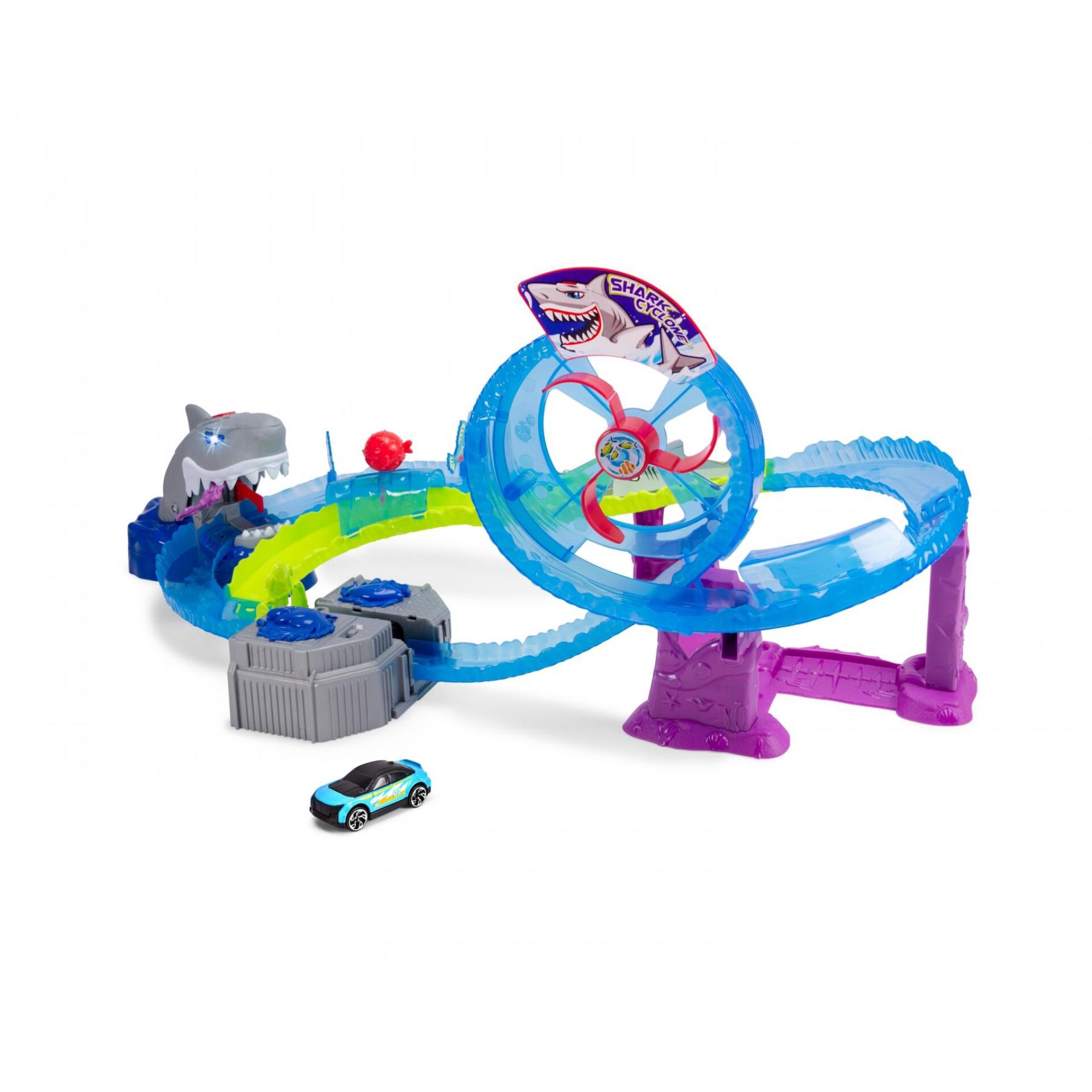 Hot Wheels, Racing track, Shark theme, Blue track, Toy car set