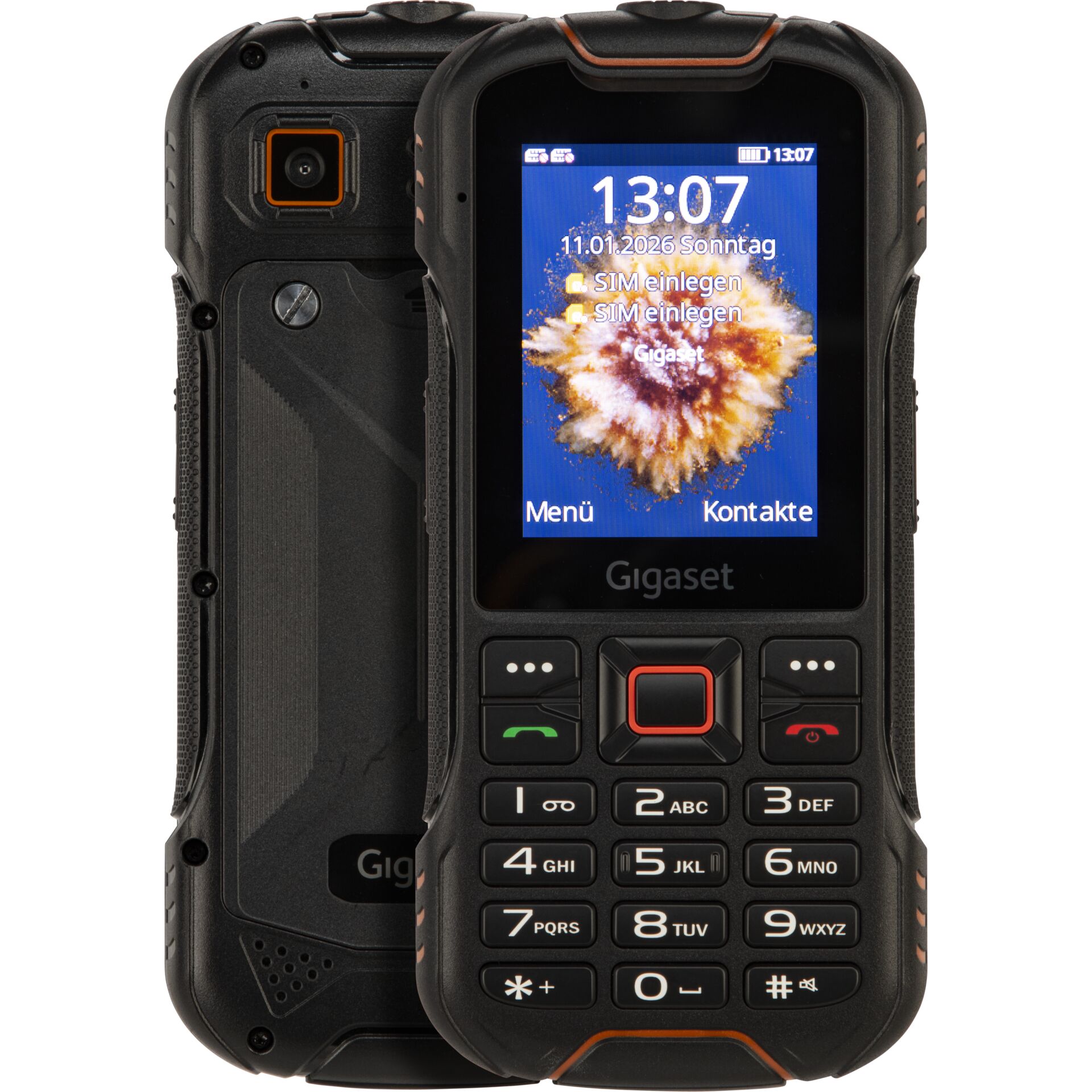 ruggedes Telefon, Funktionstelefon, Tastaturtelefon, schwarz orange, Kamera hinten