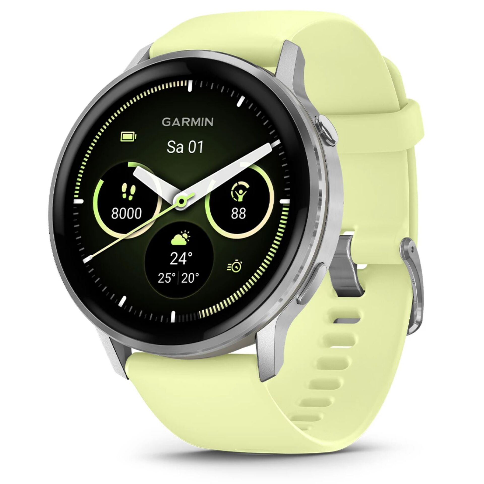 Uhr, Smartwatch, Runde Uhr, Silbergehäuse, Gelbgrünes Armband