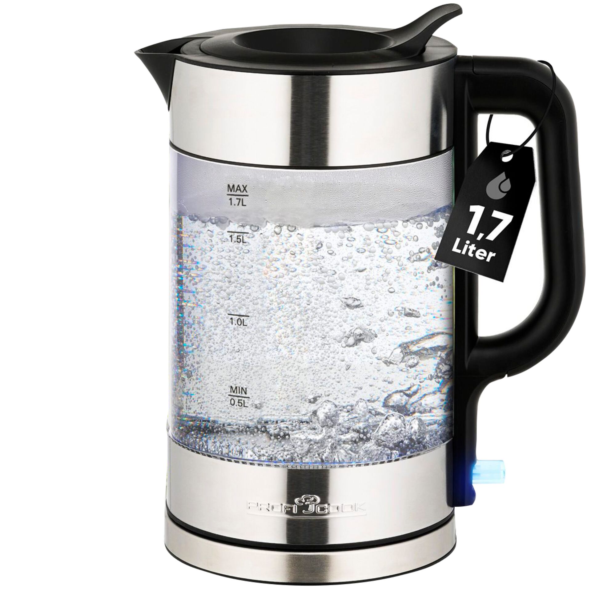 Wasserkocher, Kessel, Glaskörper, 1,7 Liter, Stahl/Metall