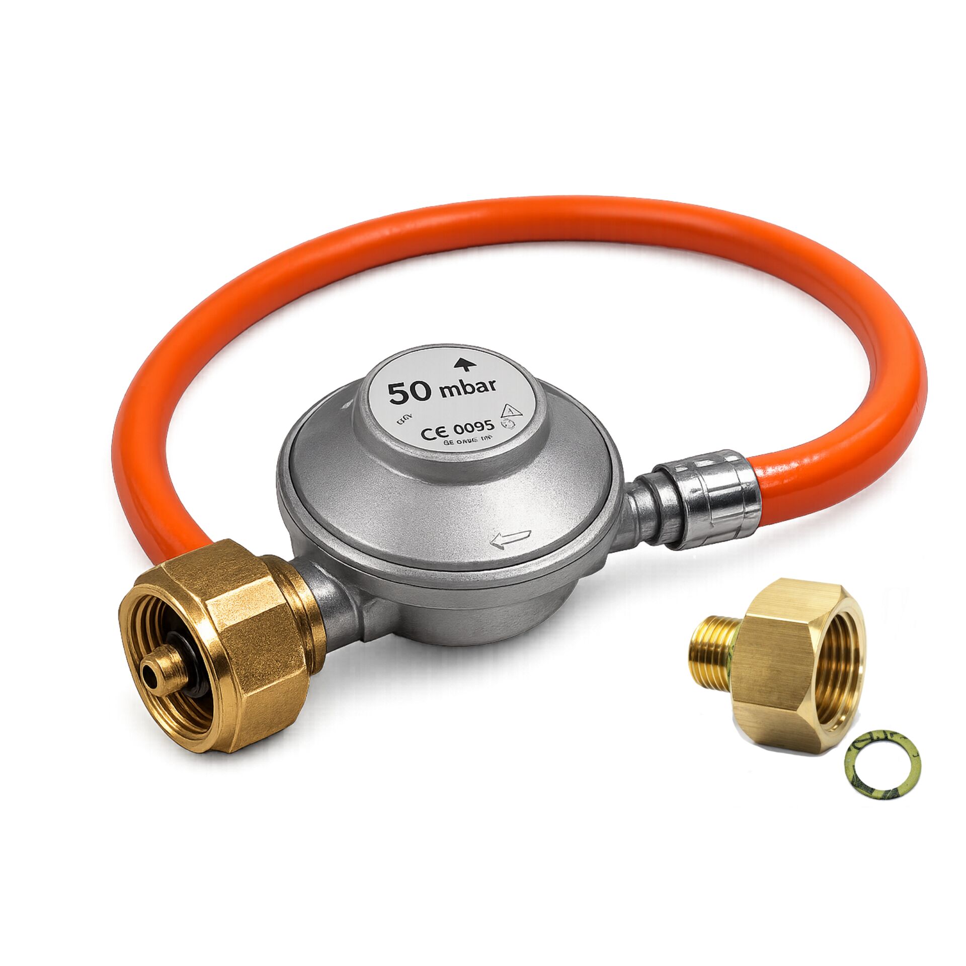 Gasregler, 50 mbar, oranger Schlauch, Messing-Armatur, Druckregelventil